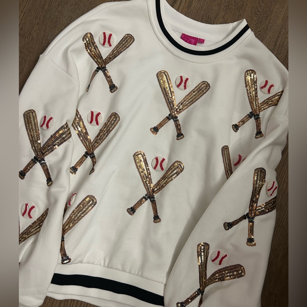 QUEEN OF SPARKLES White Sweatshirt with Gold Sequin Bats